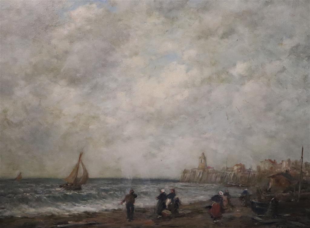 Attributed to Eugene Boudin (1824-1898) Fisherfolk along the Breton coast 13.5 x 17.5in.